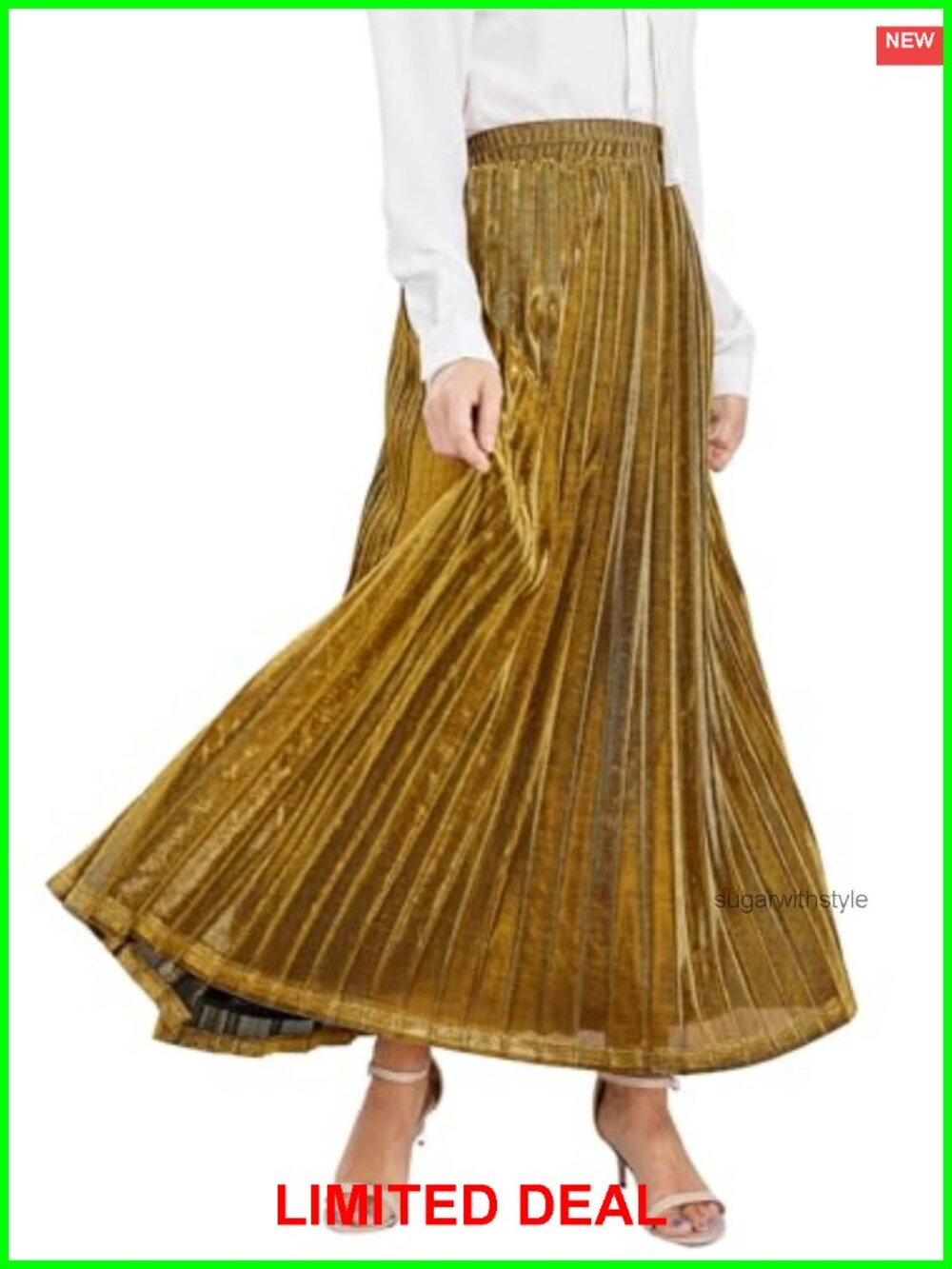 Metallic Shiny Shimmer Accordion Pleated Long Maxi Skirt